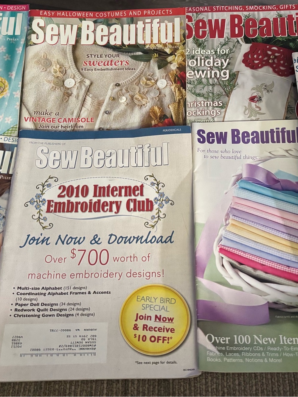 Sew Beautiful 2010 lot of 7 magazines Embroidery Club